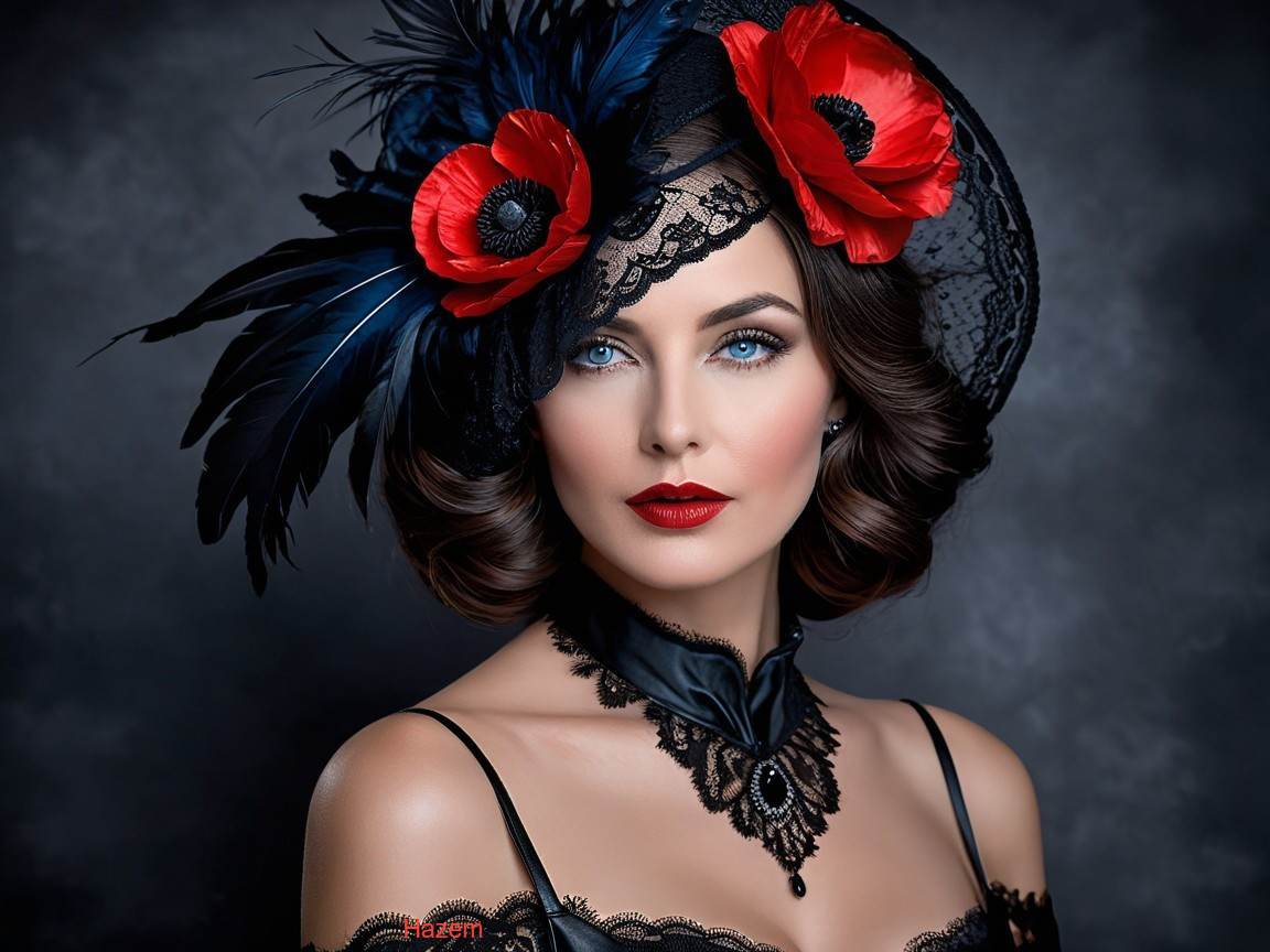 Portrait of a Woman with Blue Eyes and Red Lips