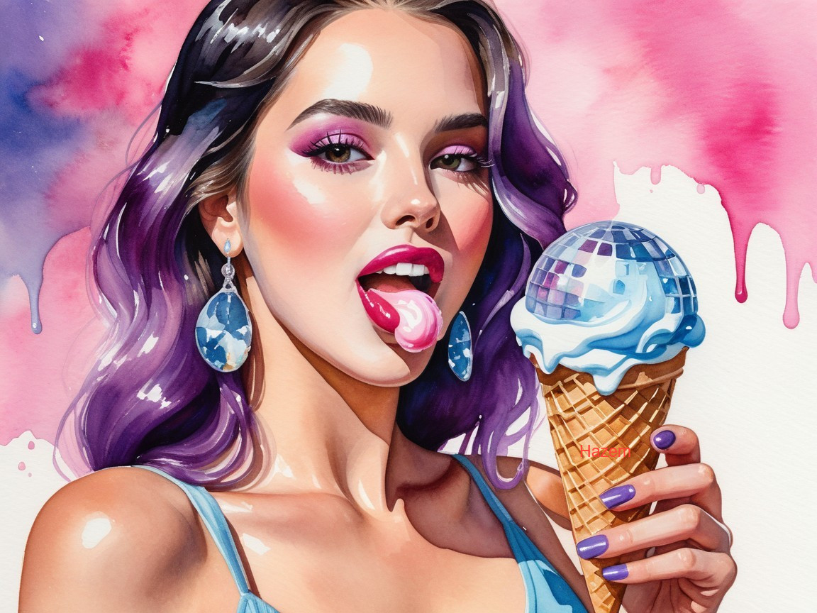Vibrant Watercolor of Woman with Purple Hair and Lollipop