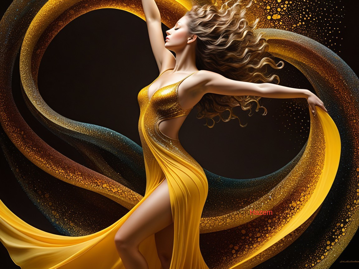 Elegant figure in flowing yellow gown with dynamic backdrop