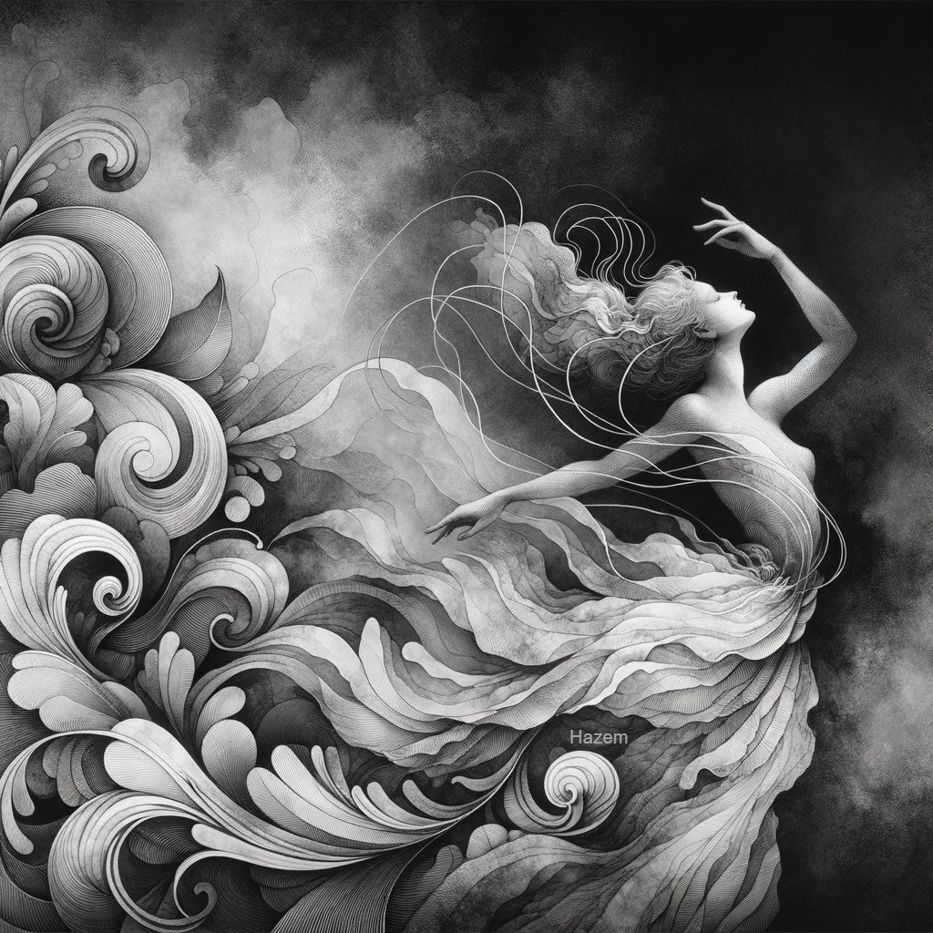 Ethereal Figure in Abstract Grey and White Patterns