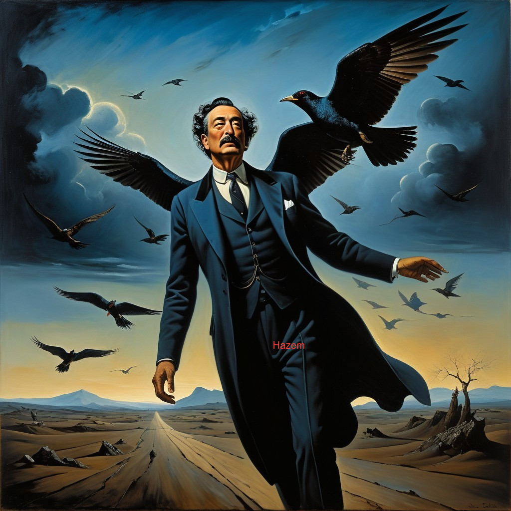 Man in Suit Against Dramatic Landscape with Birds