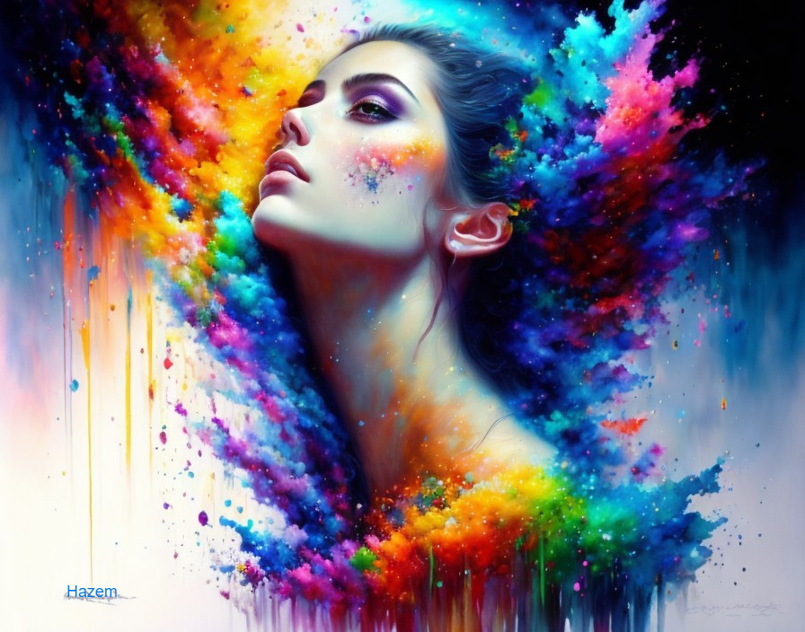 Colorful Abstract Painting of Woman with Cosmic Nebula Theme