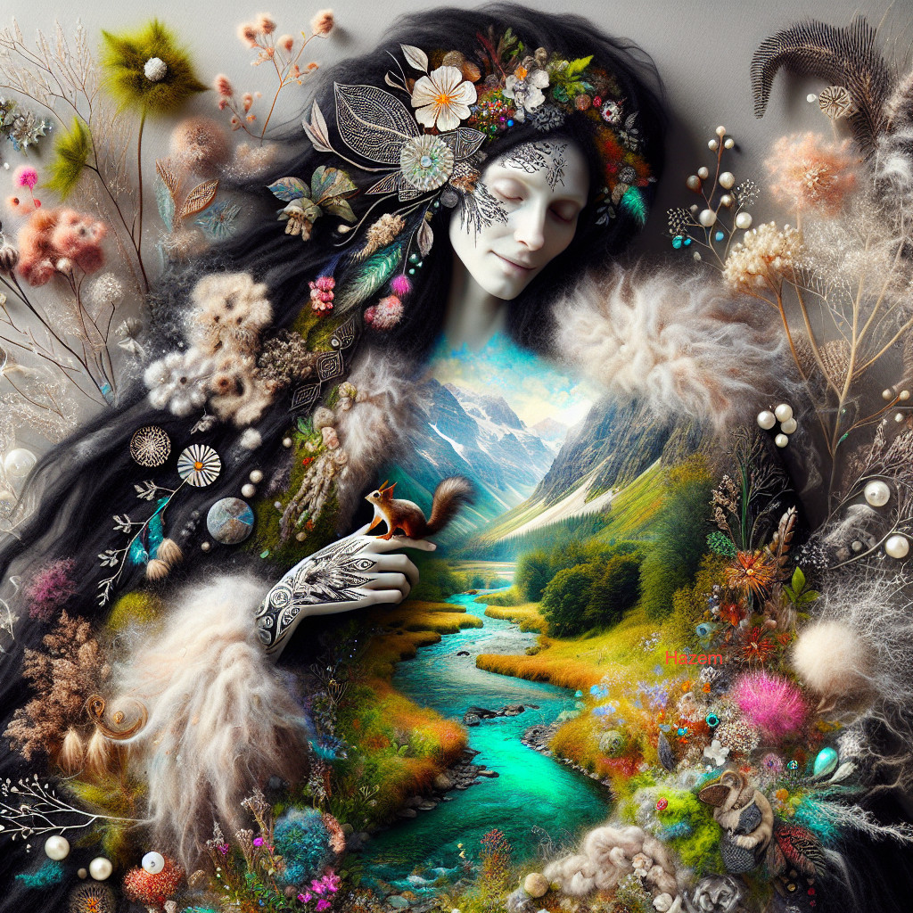 Mystical Figure in Floral Landscape with River and Squirrel