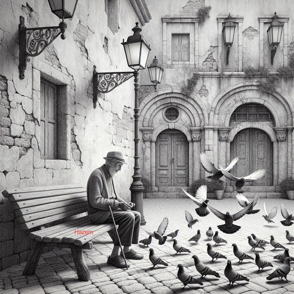 Elderly Man on Bench with Pigeons in Rustic Setting