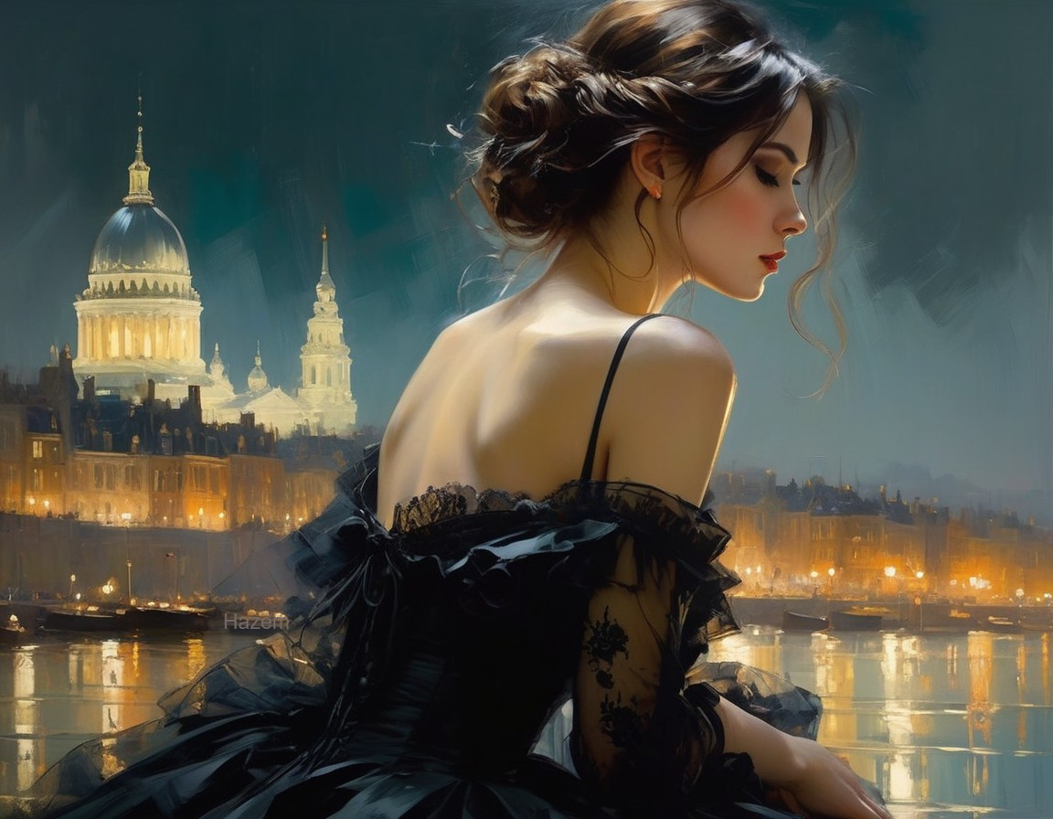 Refined Woman in Elegant Dress Overlooking City Skyline