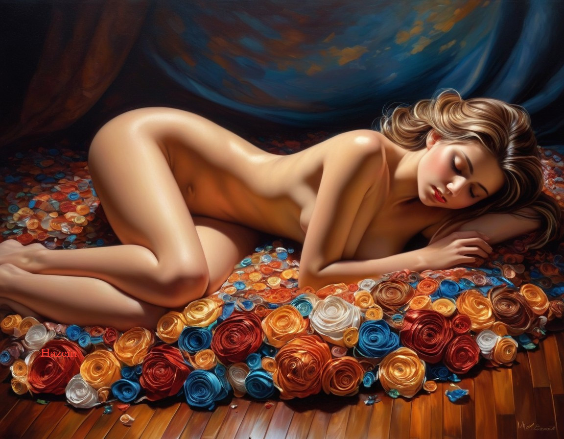 Reclining nude woman with multicolored roses on draped backdrop