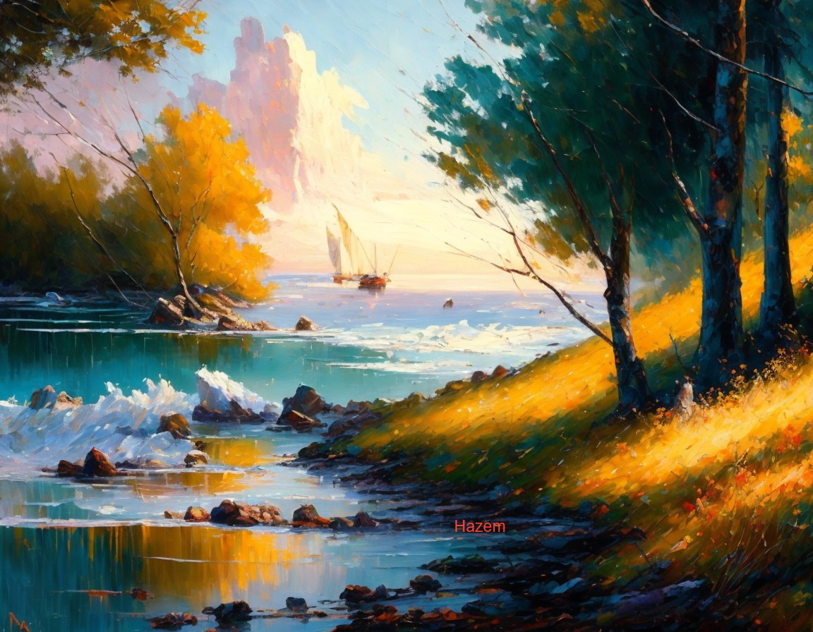 Tranquil River Landscape with Lush Greenery and Sailboat