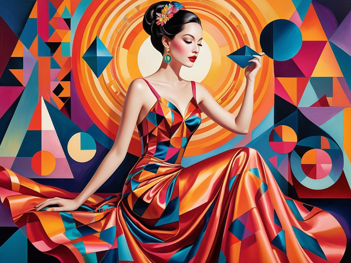 Elegant Woman in Vibrant Geometric Gown Artwork