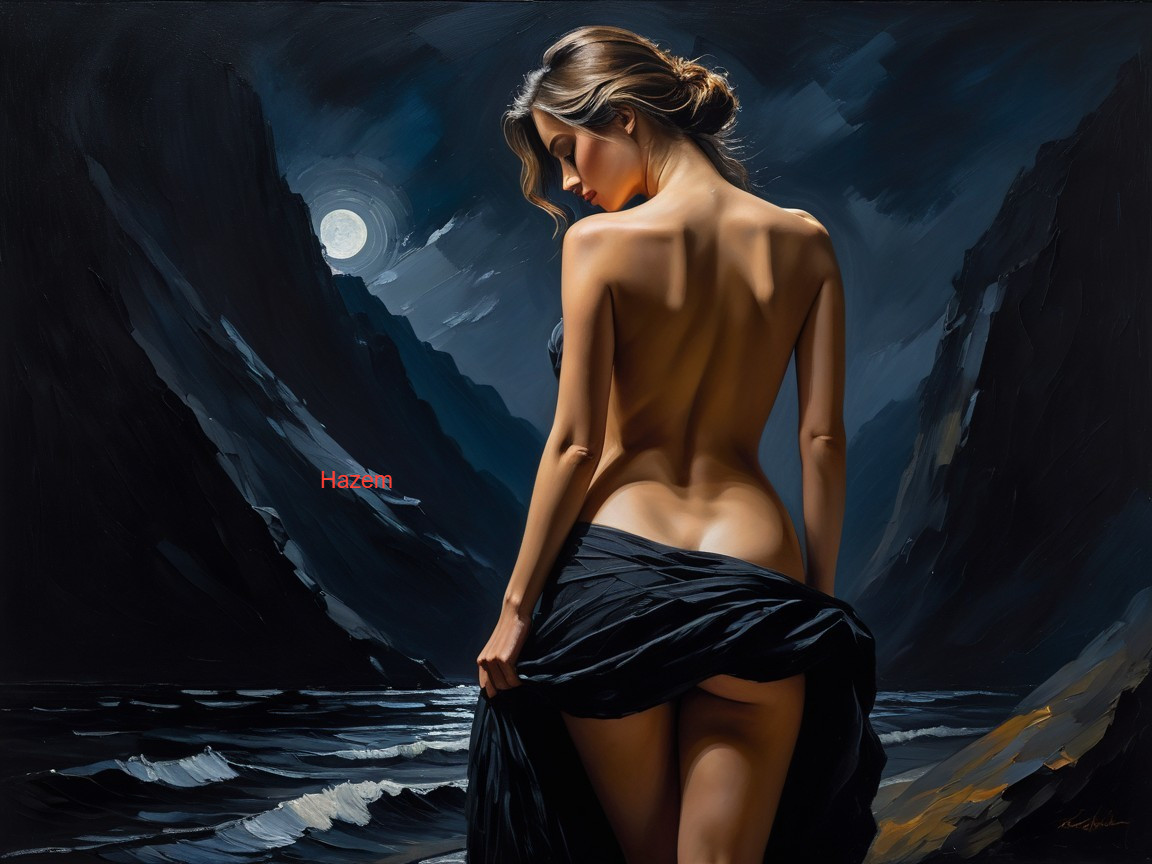 Serene Nighttime Scene of Woman on Rocky Shoreline