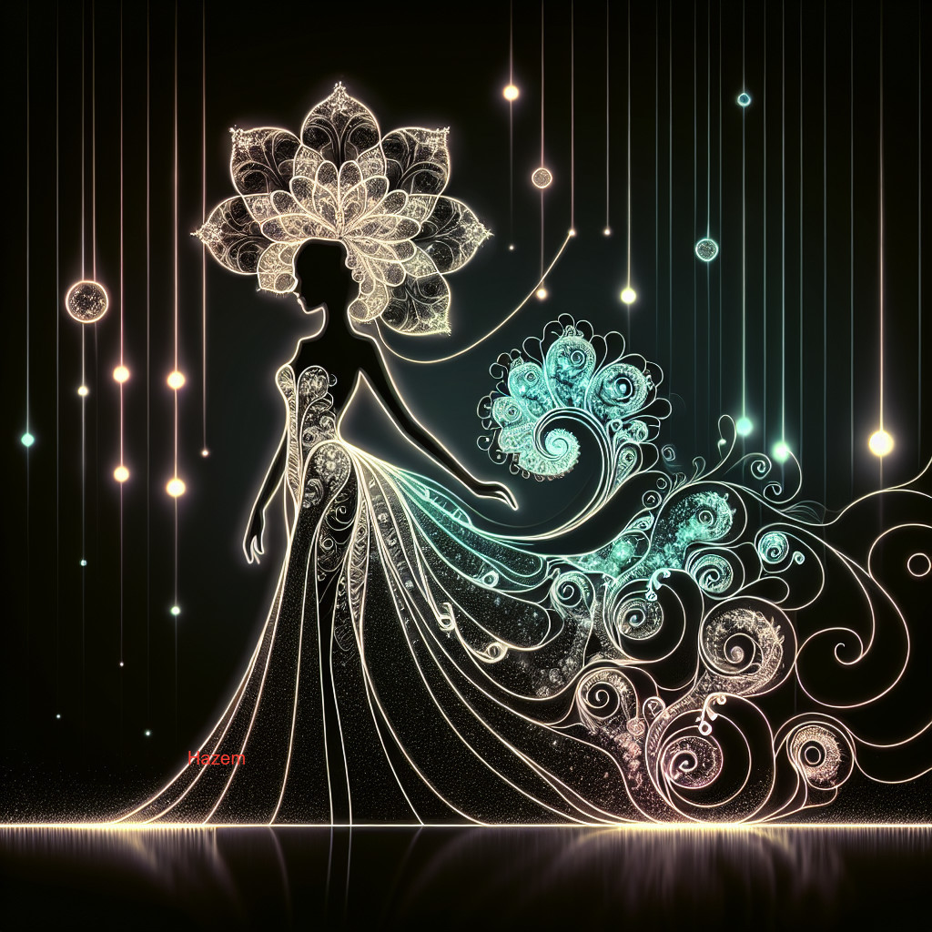 Elegant Silhouette of Woman in Floral Gown with Orbs