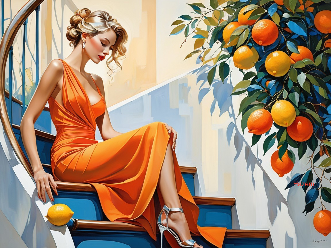 Stylish Woman in Orange Dress on a Staircase
