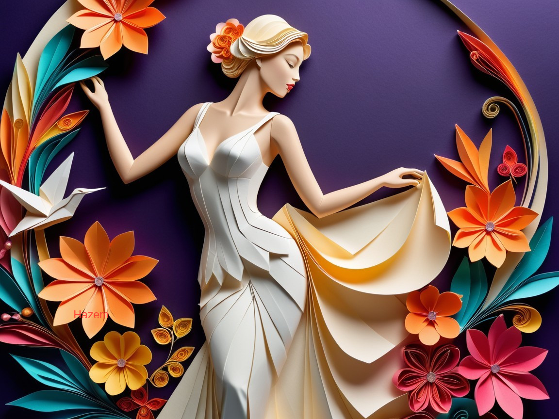 Elegant Woman in Flowing Dress with Floral Designs