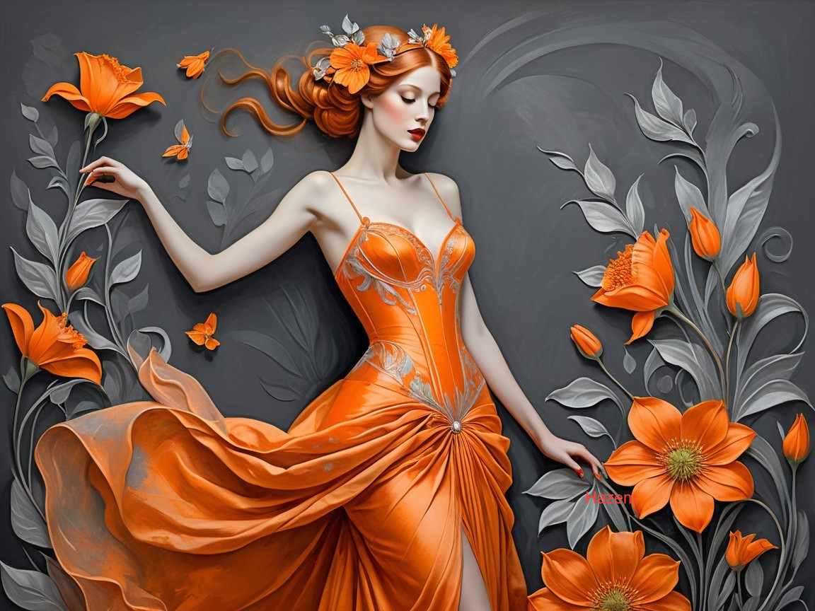 Elegant orange gown with red hair and floral accents