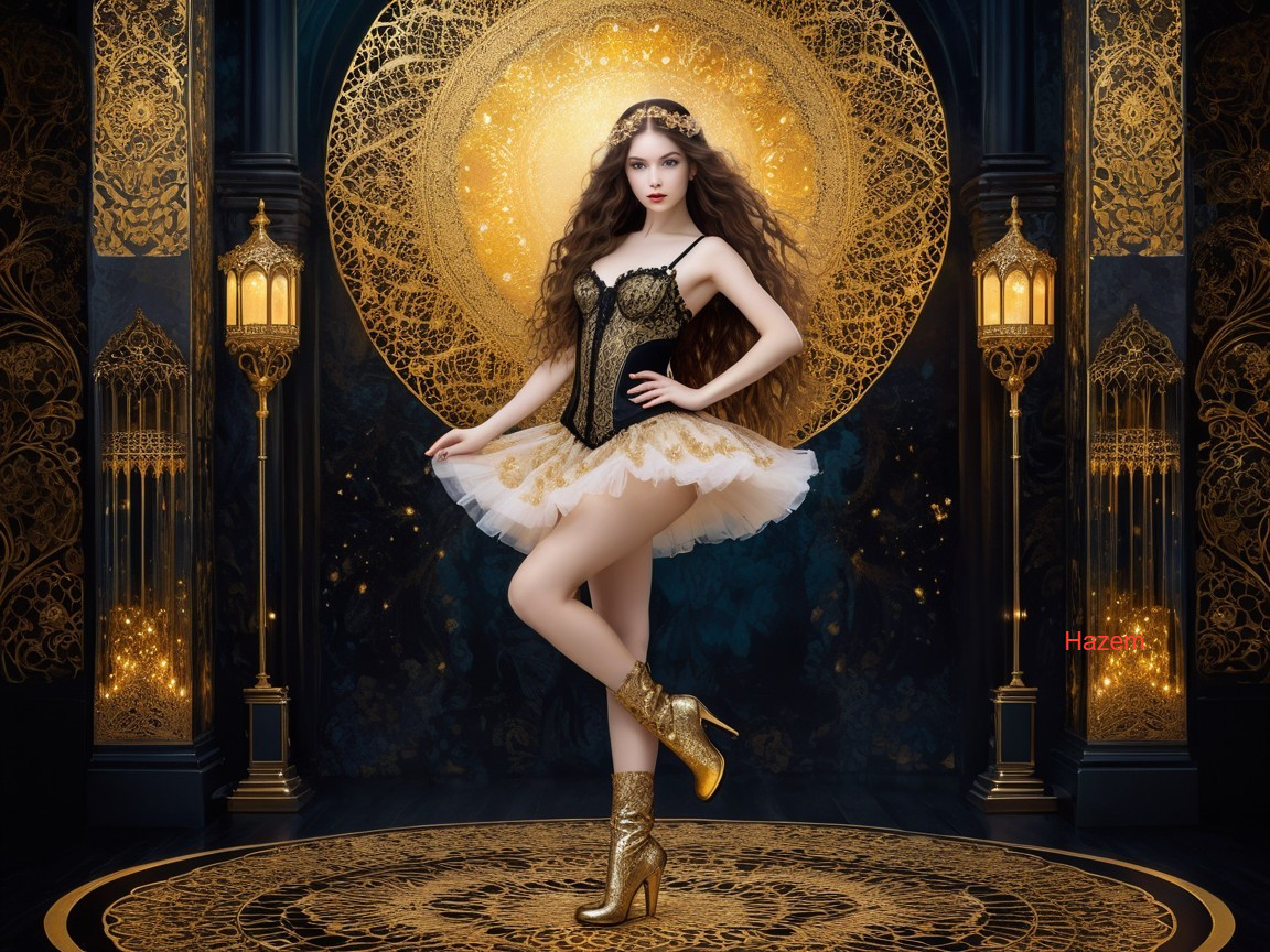 Ballet Dancer in Black and Gold with Elegant Backdrop