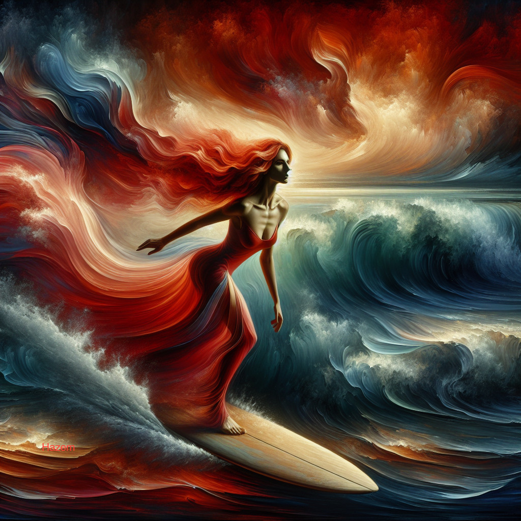 Graceful figure in red dress surfing vibrant waves
