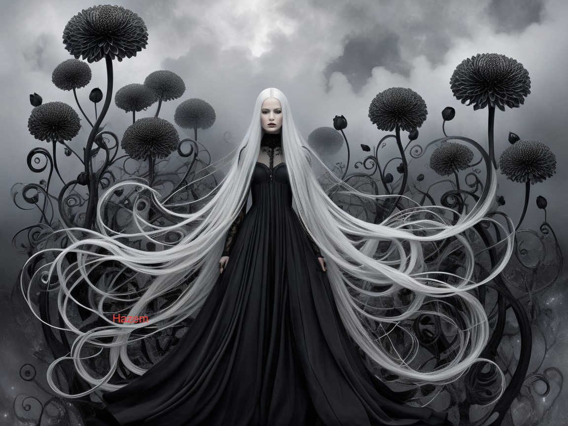 Elegant Figure in Dark Floral Landscape with Vines