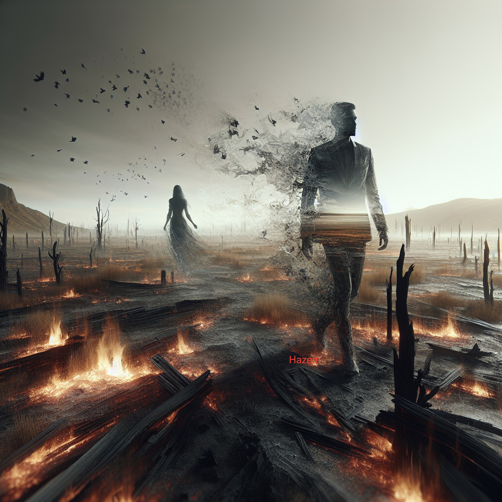 Desolate Landscape with Merging Figures and Eerie Atmosphere