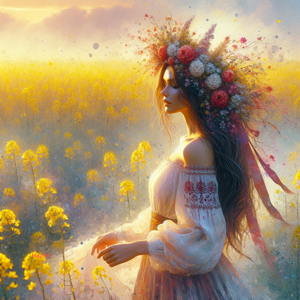 Young Woman in Floral Crown in Yellow Flower Field