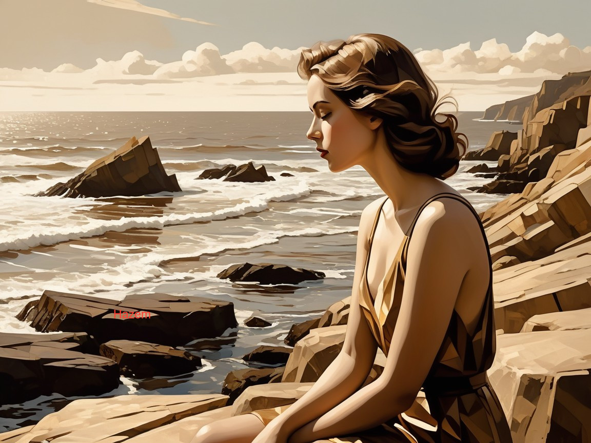 Contemplative Woman on Rocky Coastline at Sunset