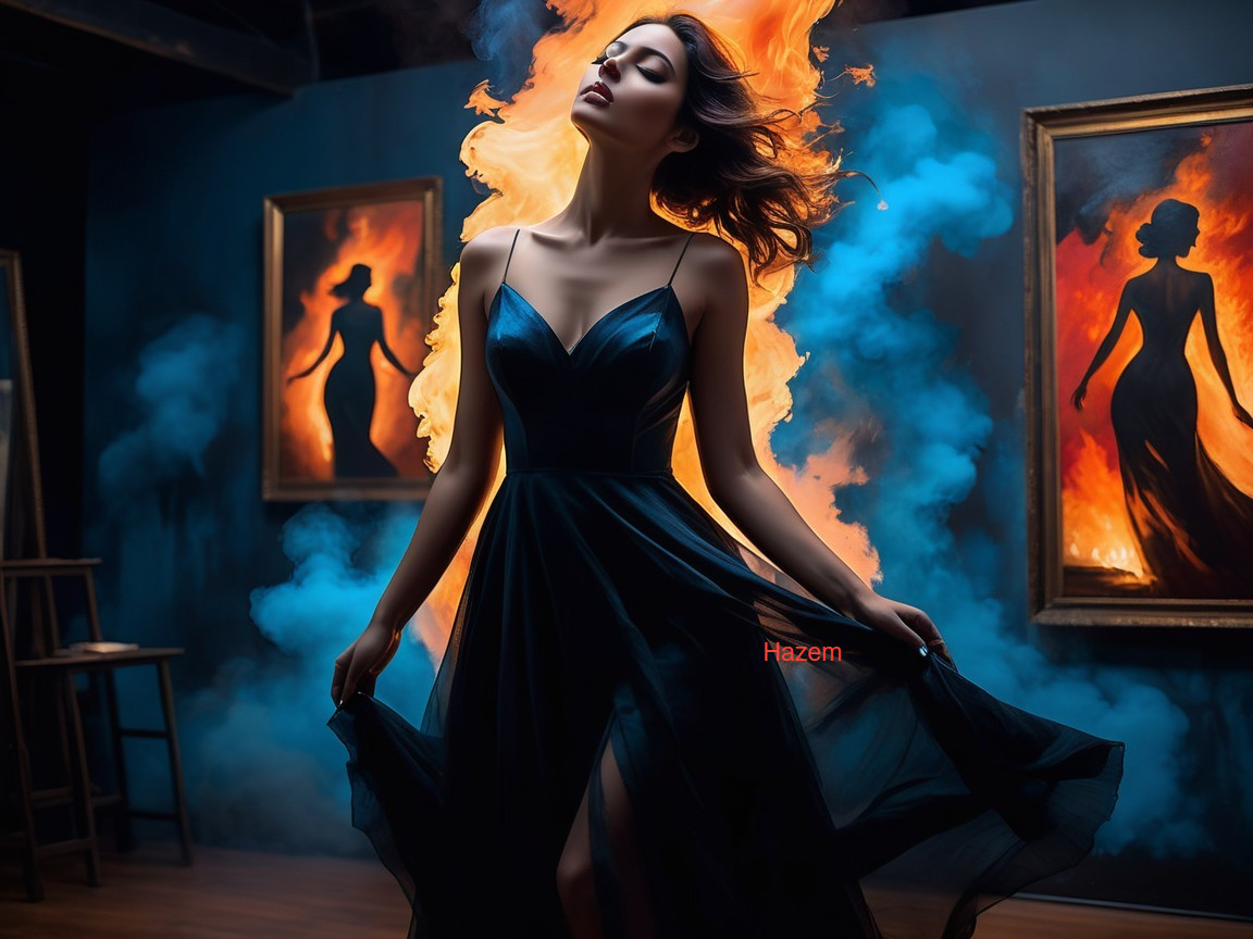 Woman in Dark Blue Gown in Art Gallery Setting
