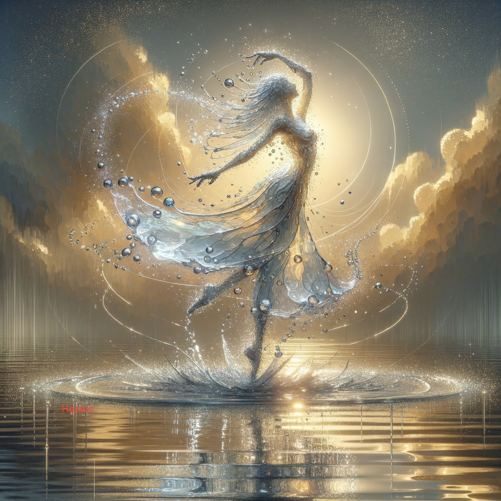 Ethereal female figure dancing on water with luminescent droplets against golden clouds