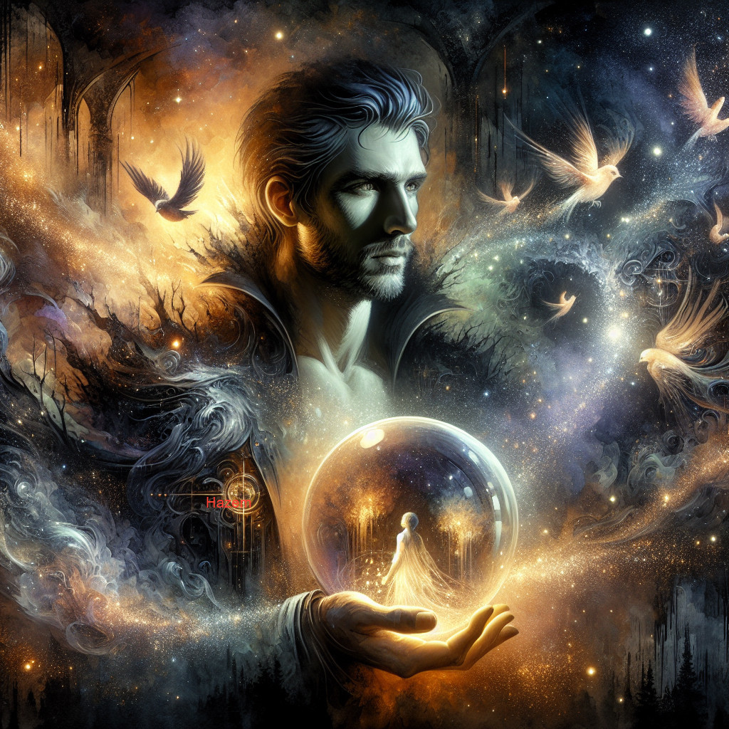 Mystical Scene with Man, Galaxies, and Crystal Orb