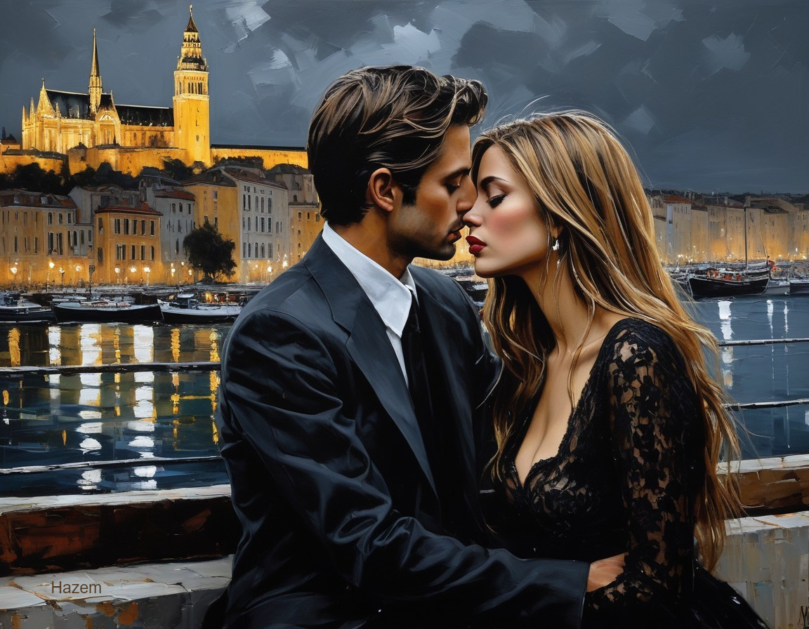 Couple in Formal Attire Kissing at Dusk Cityscape