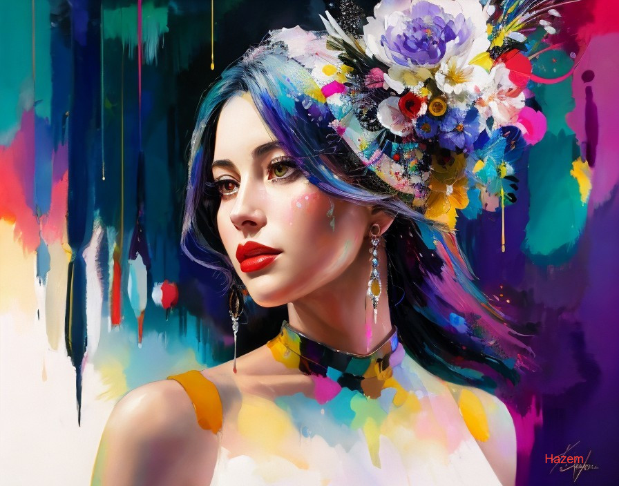 Colorful Digital Painting of Woman with Blue Hair