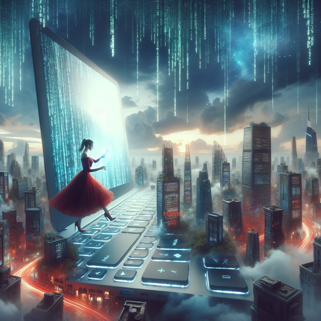 Surreal Futuristic Cityscape with Giant Laptop and Code