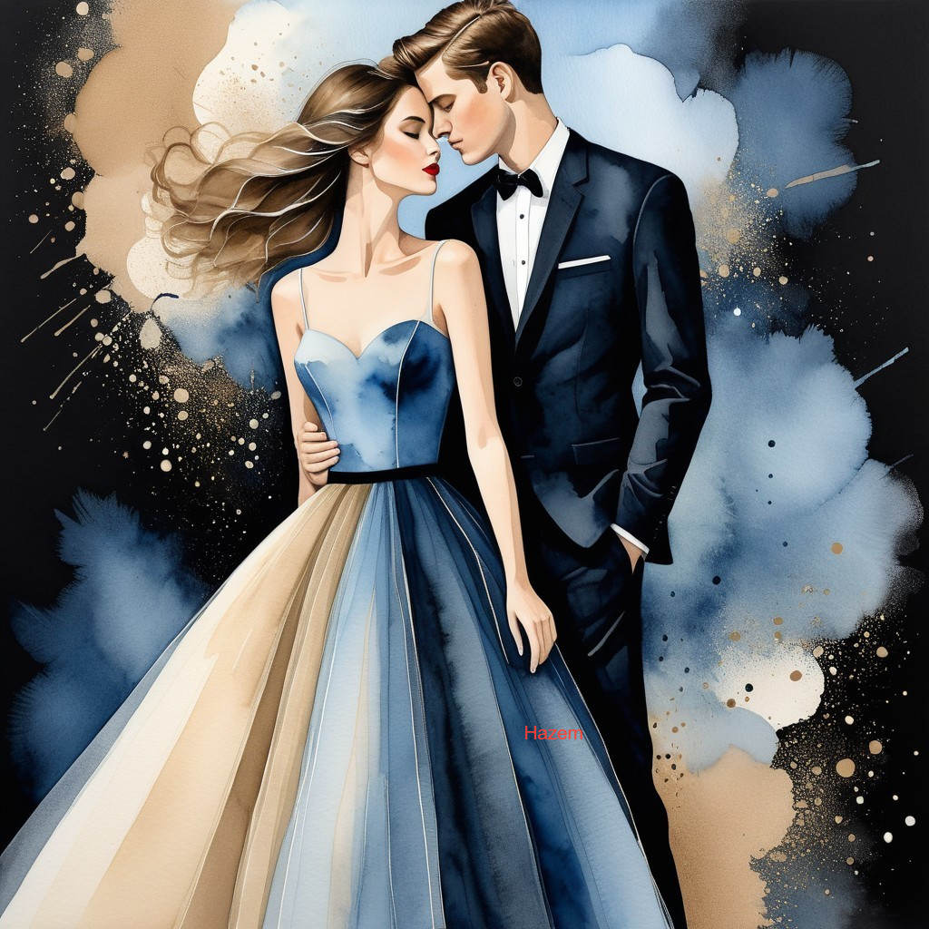 Stylish Couple in Elegant Attire with Abstract Backdrop