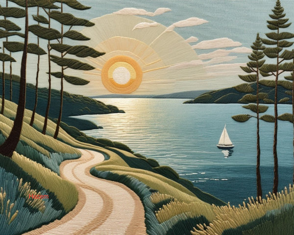 Serene Landscape Embroidery with Lake and Sailboat