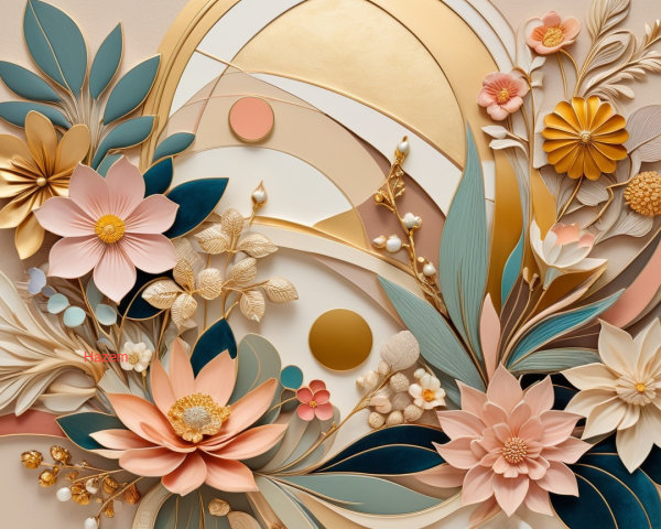 Intricate Floral Arrangement in Pastel Tones with Gold