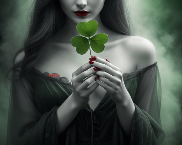 Mysterious Figure with Clover Against Green Background