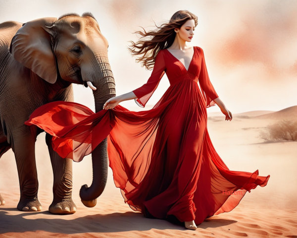 Woman in Red Dress Walking with Elephant in Desert