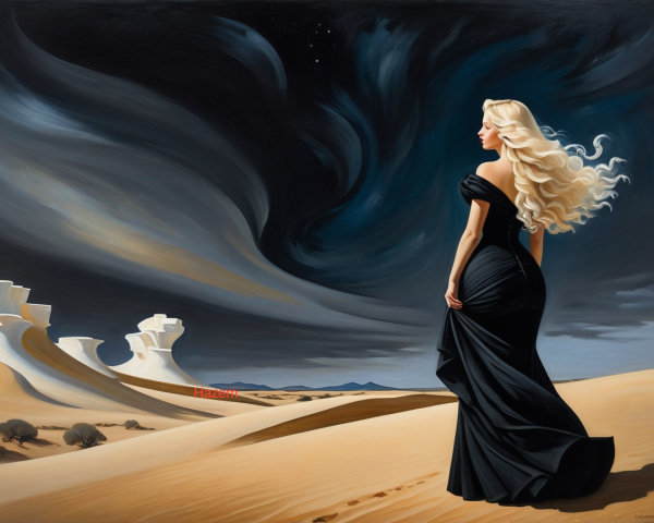 Woman in Black Gown in Desert Landscape with Clouds