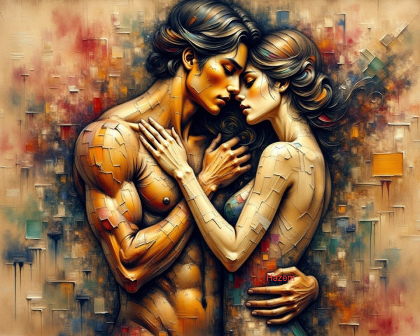 Intimate Embrace of Two Figures in Bold Colors