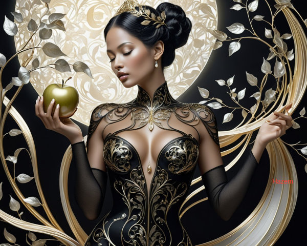 Regal figure in black gown with golden embellishments