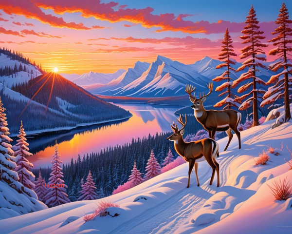 Winter Landscape with Deer and Sunset Reflections