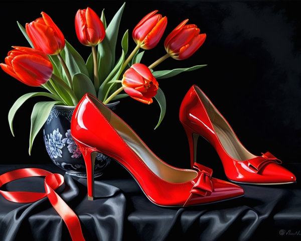 Red High Heels and Tulips Arrangement on Dark Surface