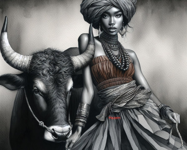 Woman in Traditional Attire with a Bull in Background