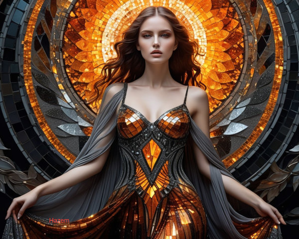 Woman in gown with orange and gold mosaics and cape