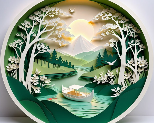 Tranquil Paper-Cut Landscape with River and Mountains