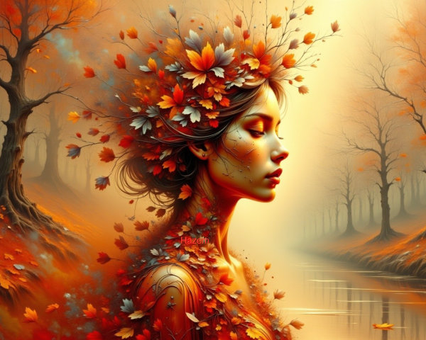 Serene Woman Amidst Vibrant Autumn Leaves and River