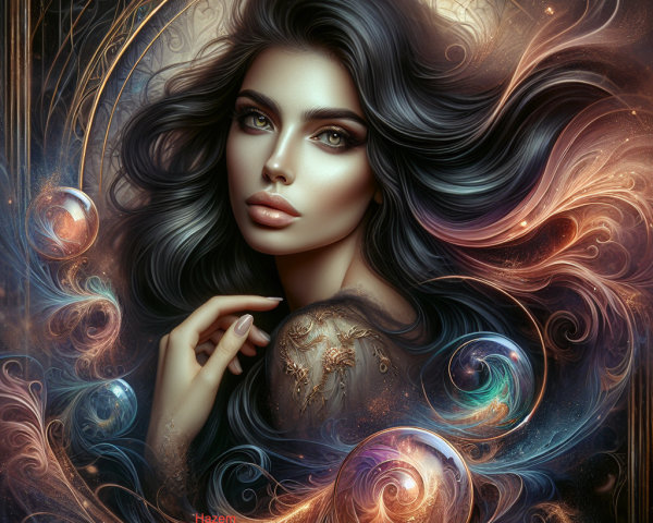 Portrait of a woman with black hair in a colorful background