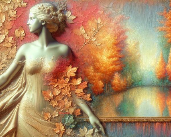 Sculpted Figure Surrounded by Autumn Landscape