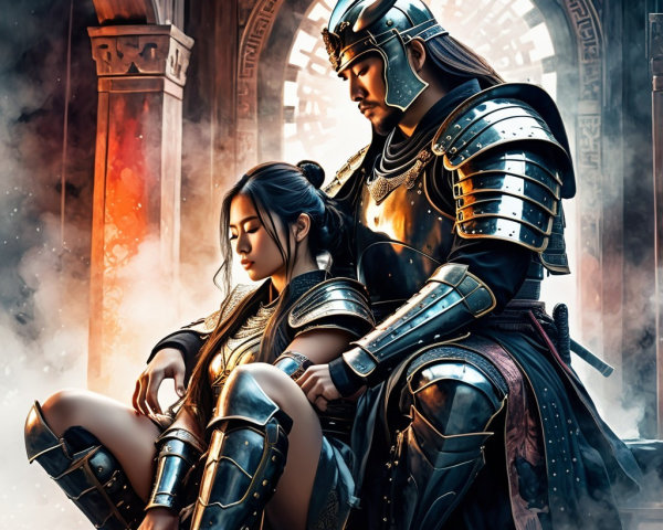 Noble warriors in ornate armor in a misty setting