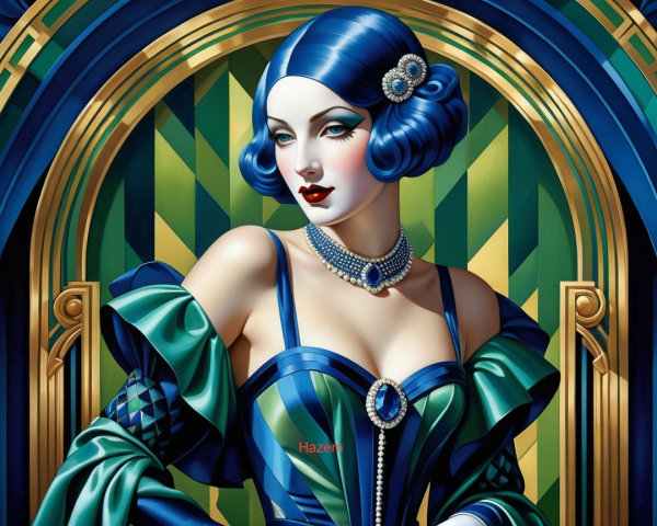 Glamorous Art Deco Portrait of Woman with Blue Hair
