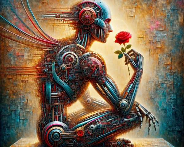 Futuristic Humanoid Figure with Red Rose in Contrast