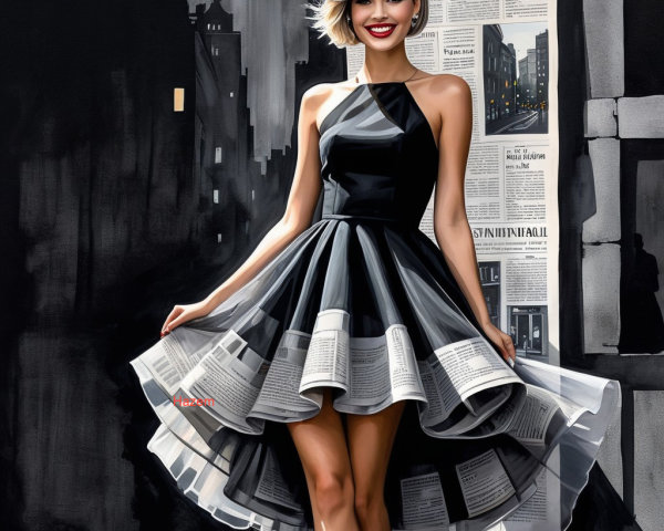 Chic Black Dress with Layered Printed Pages and Cityscape