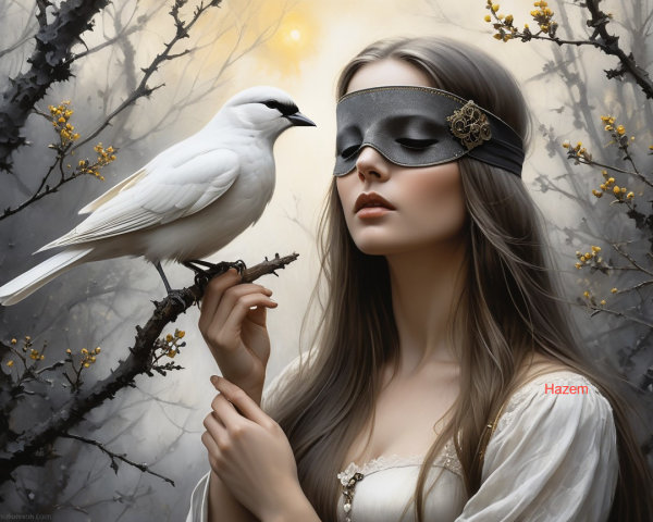 Serene Woman with Blindfold in Mystical Forest Setting
